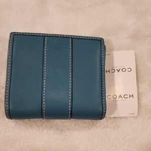 Coach Blue Leather wallet W/ tan Stitching.  Beautiful